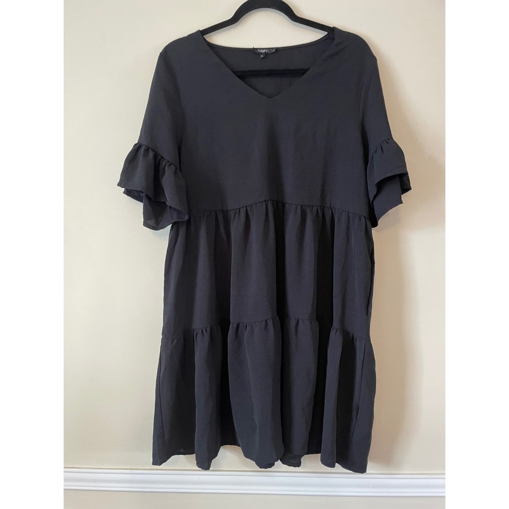 RolyPoly Womens Black Tiered Babydoll Mini Dress Ruffle Sleeve V-Neck, Medium